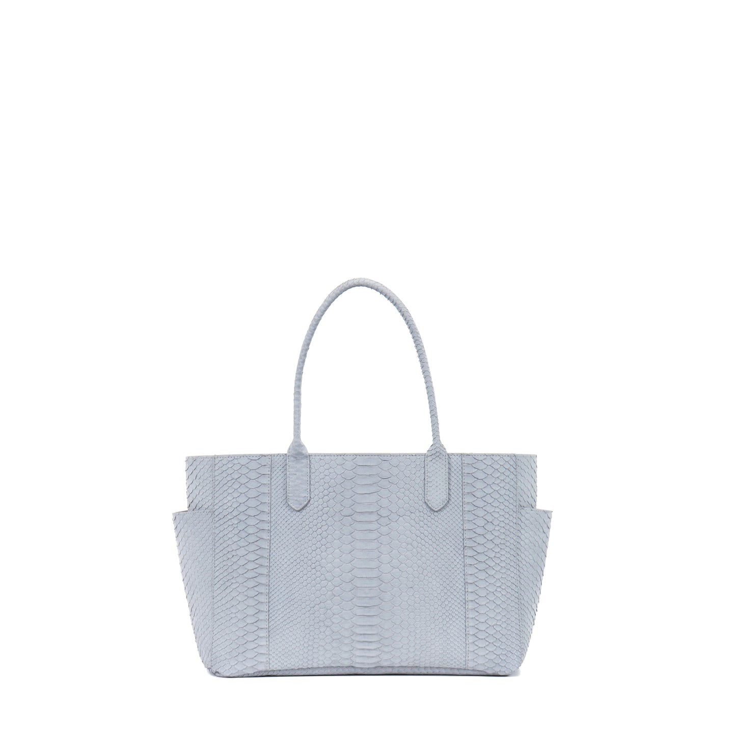 EAST WEST POCKET TOTE POWDER BLUE SUEDED PYTHON