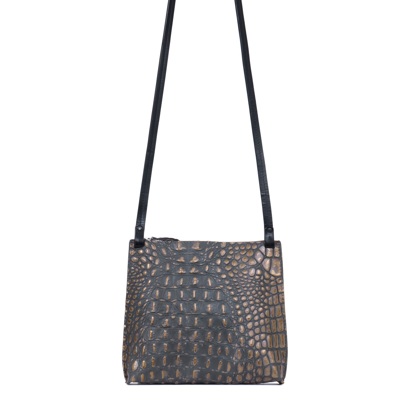 LARGE STRAPPY POUCH MOSSY BRONZE EMBOSSED CROC